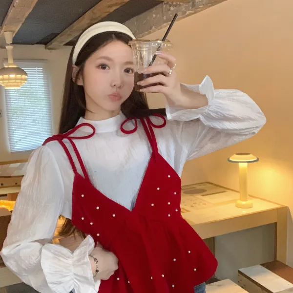 韩系丝绒氛围感裙摆吊带背心+法式喇叭袖长袖衬衫女C 5067#