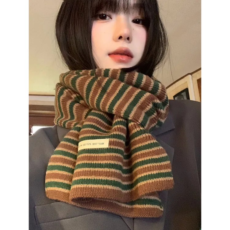 复古绿色仿羊绒保暖法式厚款韩版百搭条纹围巾常规款男女通用成人