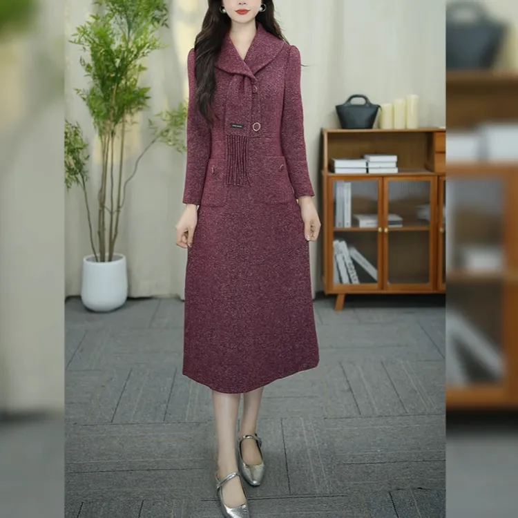 月影女装】WT180秋季新款裙子围巾领显瘦简单大方中长款连衣裙