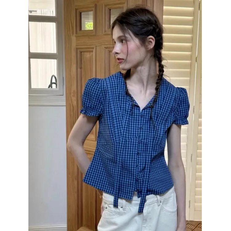 夏天的故事感’浪漫复古V领微收腰格子牛仔花苞短袖衬衫女