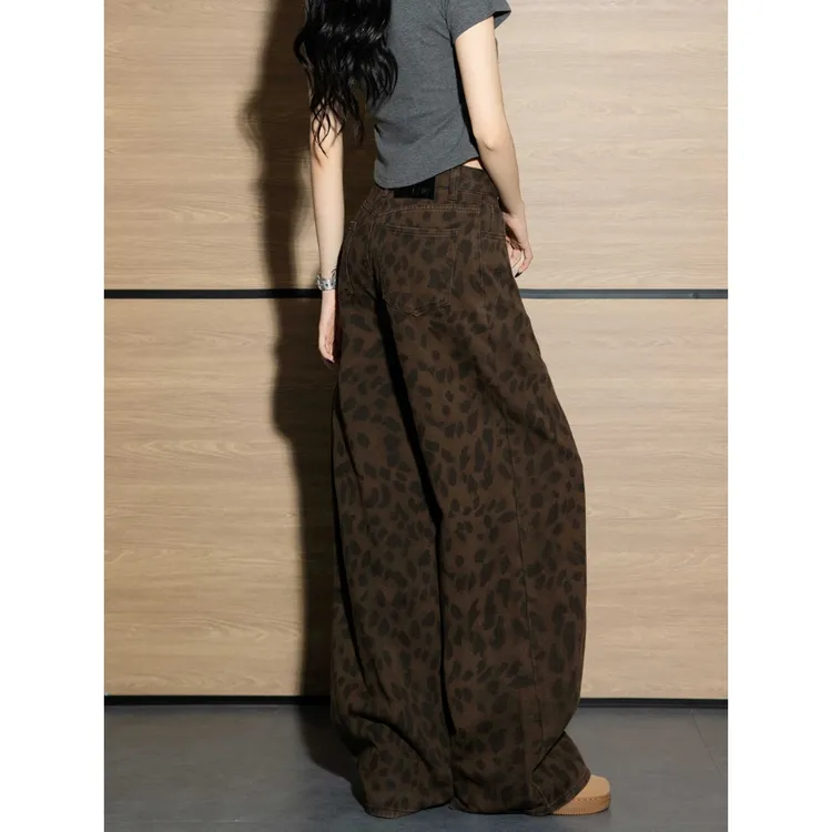 【清仓+运费险】复古咖色豹纹牛仔裤女秋季宽松显瘦拖地休闲长裤子