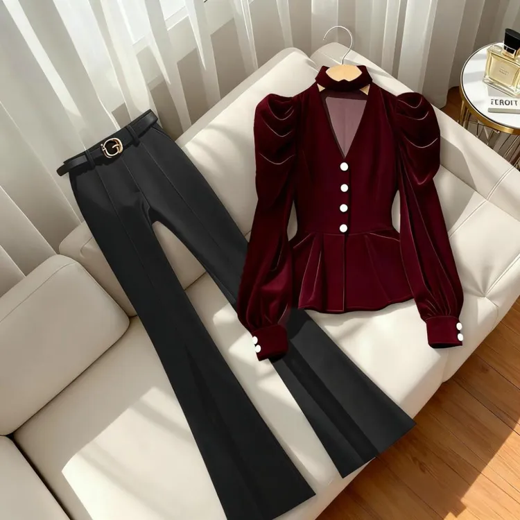 洋气轻熟风秋季套装新款丝绒v领长袖衬衫女直筒裤时尚小众两件套