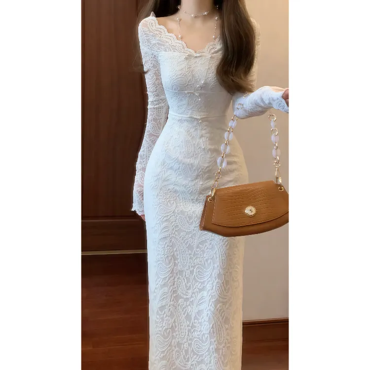 【媚娘】优美一字肩V领两穿蕾丝连衣裙蝴蝶结收腰气质长裙9762