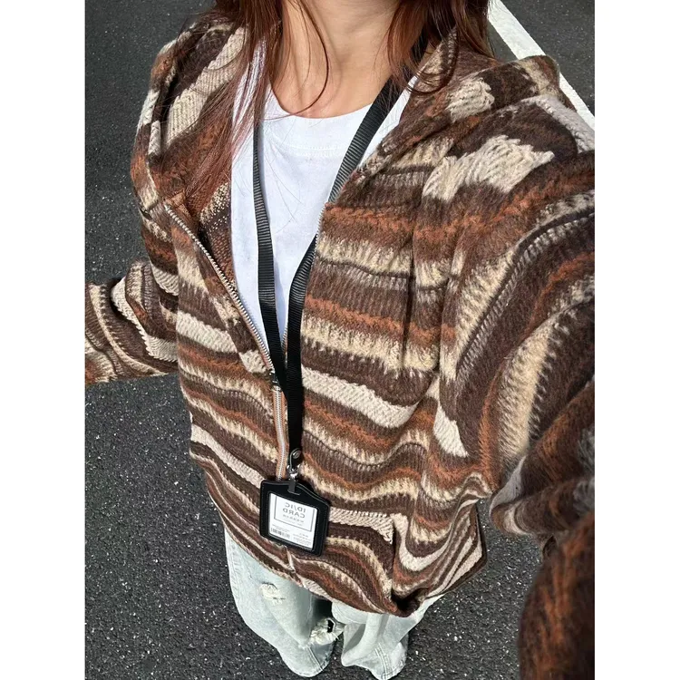 棕咖色日系慵懒风条纹开衫卫衣男秋冬美式复古毛呢针织衫连帽外套