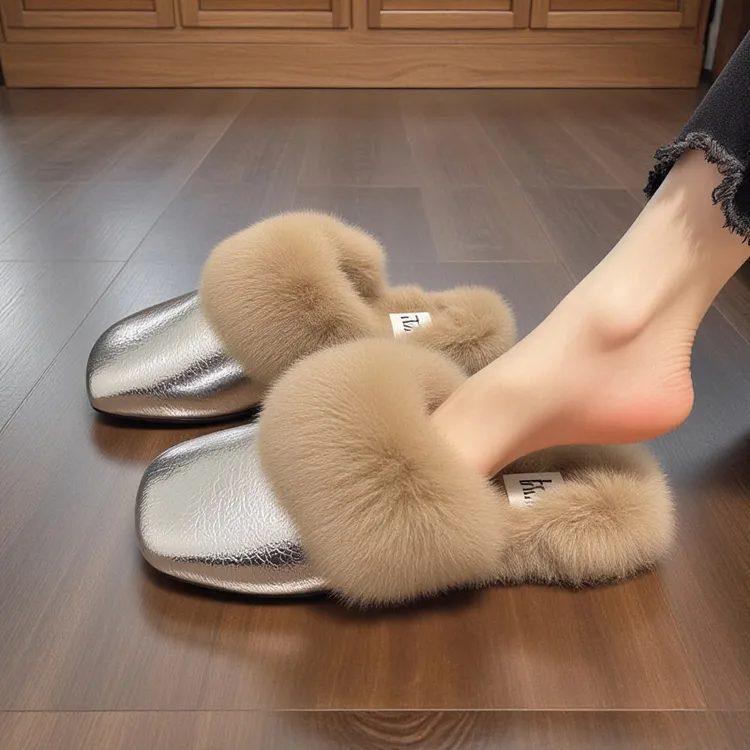 【兔毛绒】银色毛毛拖鞋女2025新款秋冬包头法式小香风加绒棉拖鞋