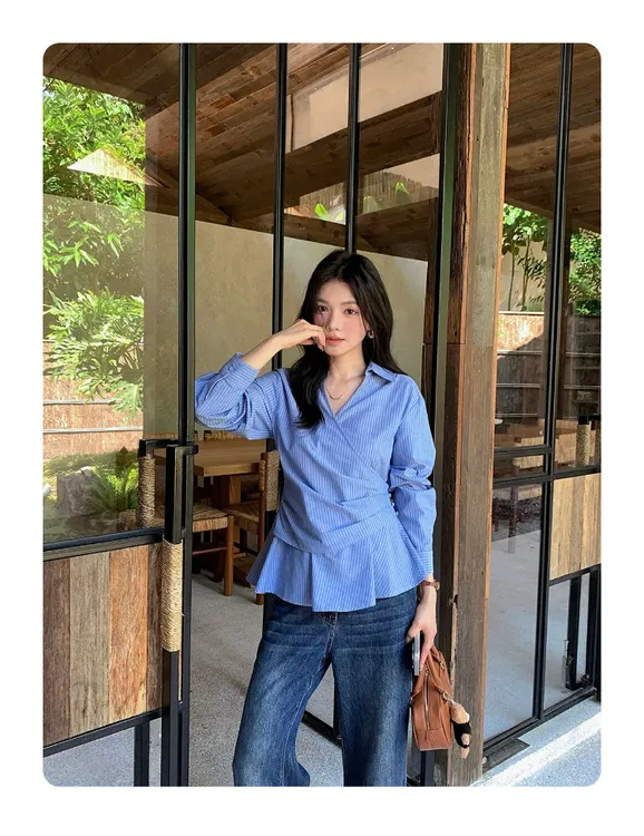 微胖女装秋季新款韩系百搭收腰显瘦衬衫胖MM长袖小衫条纹上衣