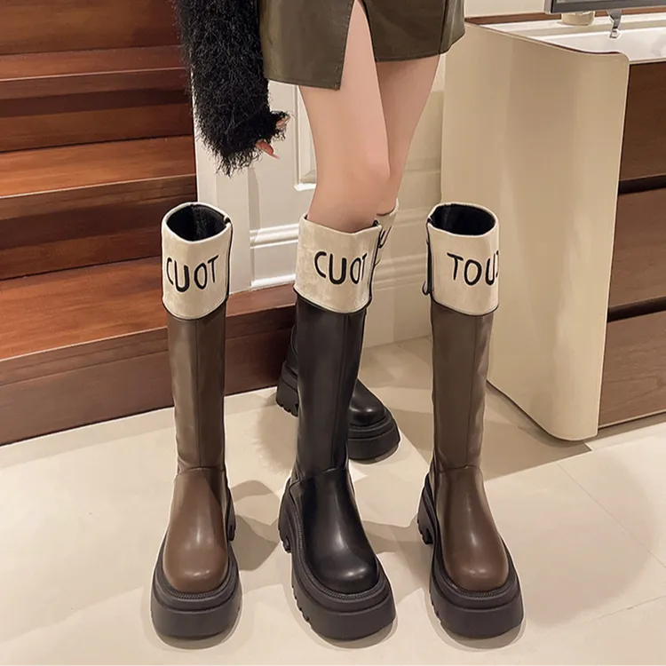 厚底小个子增高长筒靴薄绒百搭秋冬粗跟不过膝瘦瘦靴英伦风高筒靴
