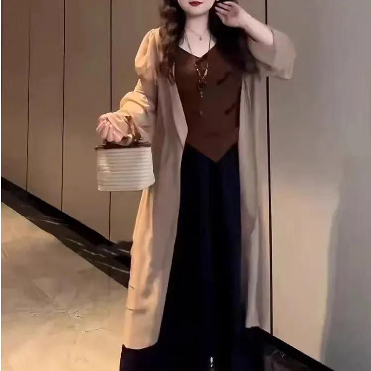 8087大码新中式开衫开衫吊带半身裙三件套