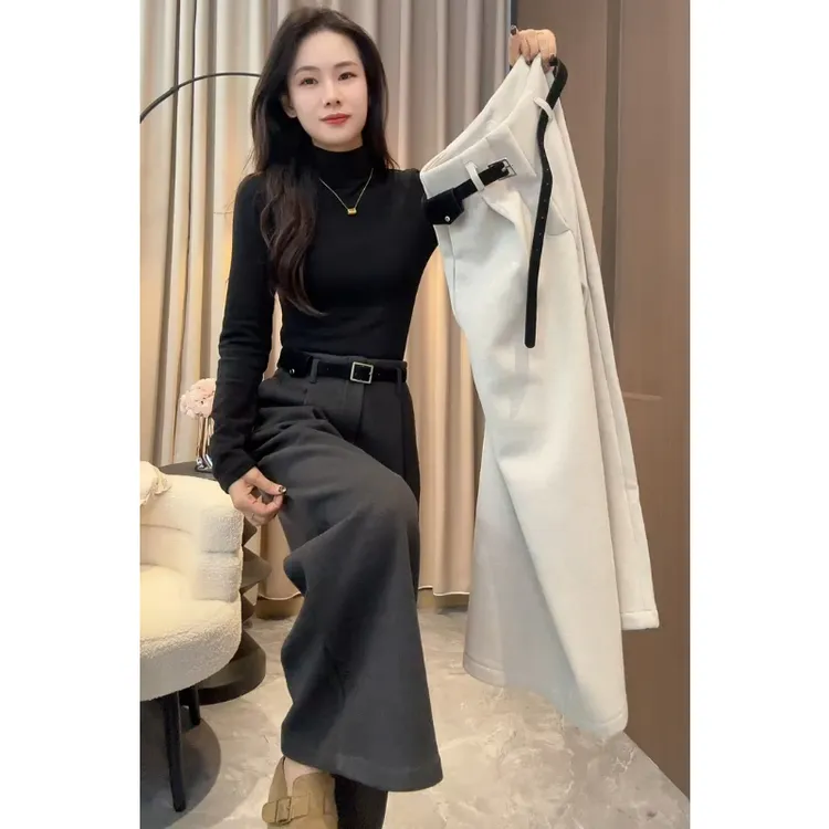 2025冬季新款韩版简约高级感加绒休闲阔腿裤女宽松显瘦百搭直筒裤