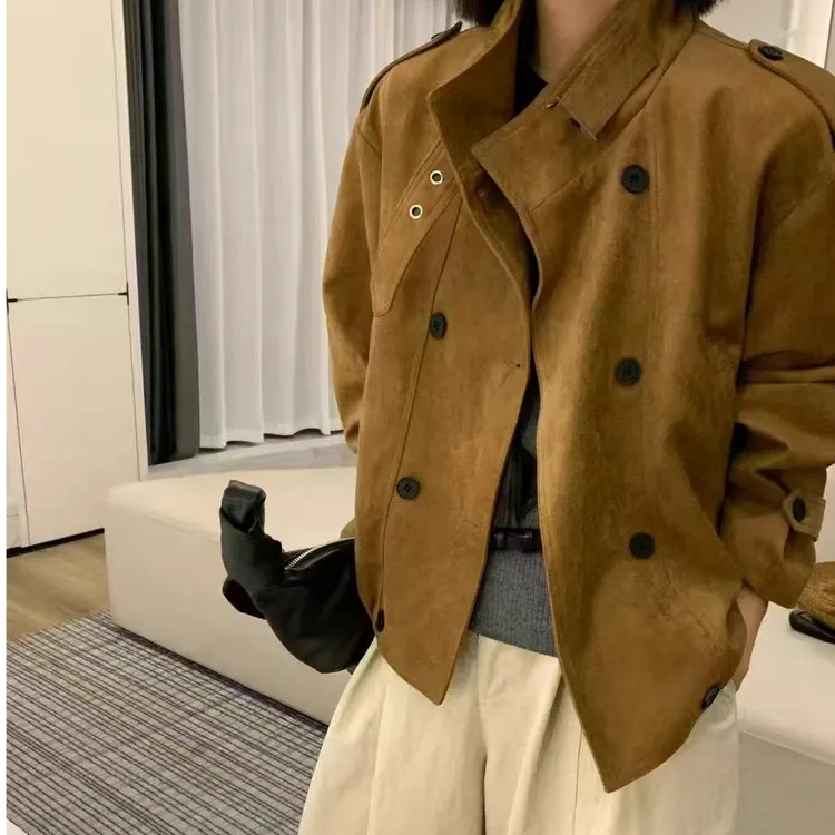 秋季新款时尚女装复古立领短款麂皮风衣外套休闲百搭上衣欧货2025