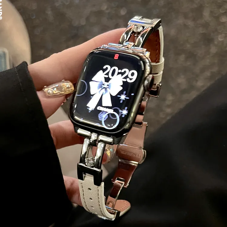 滑梯皮质蝴蝶扣苹果手表带适用applewatch56789SES7S8S9S10iwatch