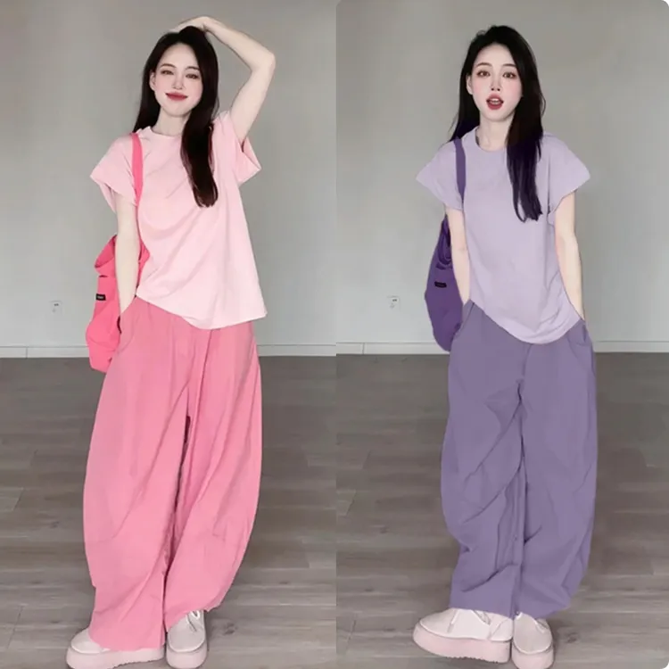 女装夏季新款粉色圆领短袖T恤搭配小个子高腰休闲裤子显瘦宽松 