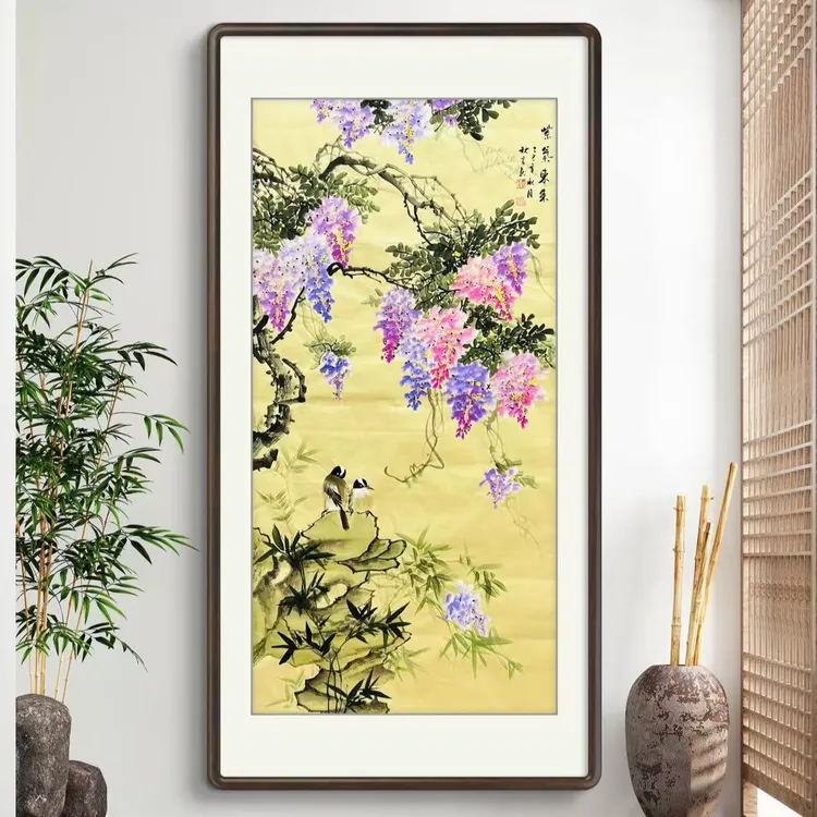 紫气东来手绘国画紫藤花客厅玄关走廊书房餐厅卧室家居挂画作品