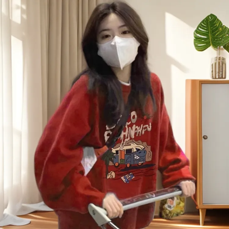 美式酒红色卫衣女长袖2025新款爆款加绒加厚本命年龙年圆领上衣