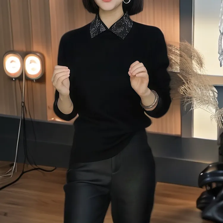 韩系潮流休闲假两件翻领针织衫女装秋冬减龄修身显瘦内搭打底上衣