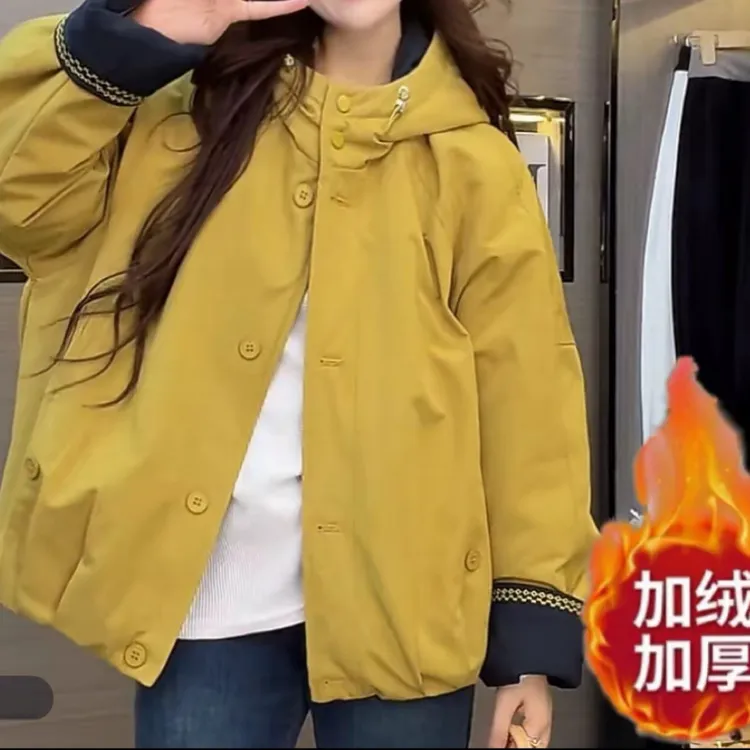 加绒加厚2025冬季新款宽松韩版连帽派客服外套女休闲棉衣棉服