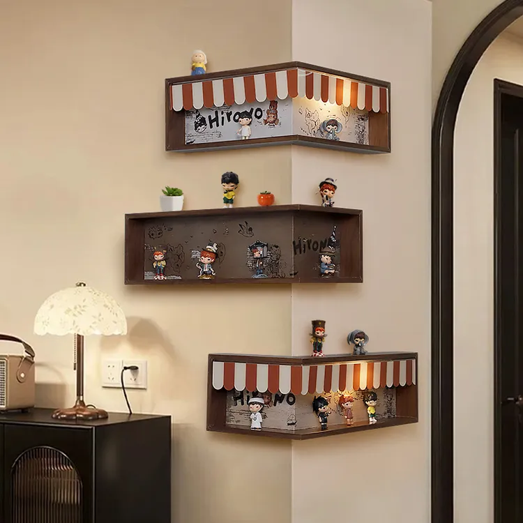适用泡泡玛特手办挂墙小收纳盒小野盲盒转角置物架中古风客厅角柜