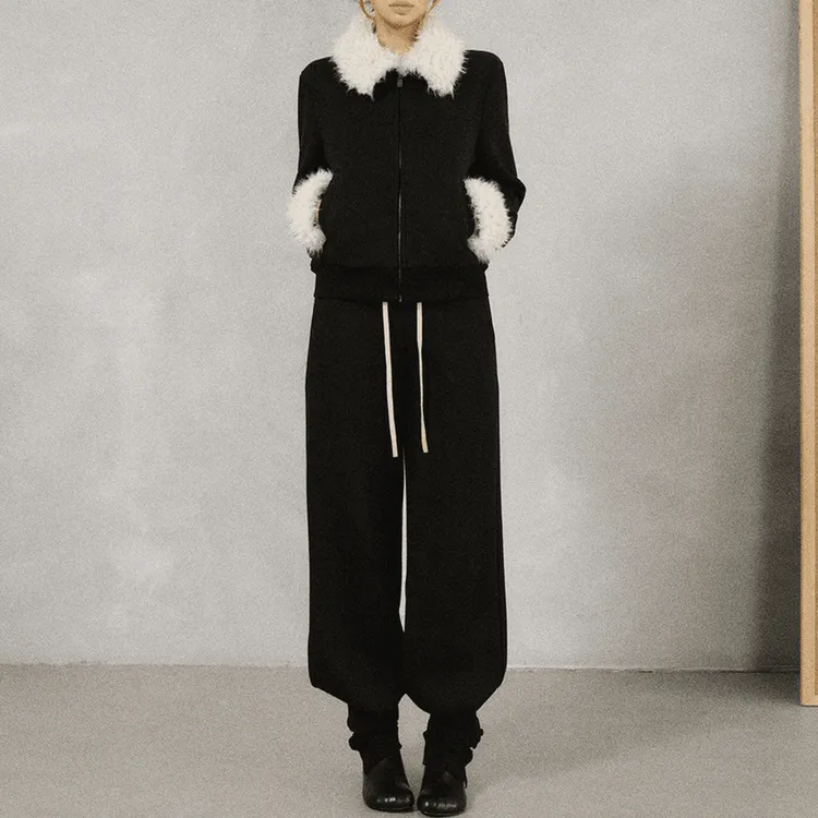 巨好看的冬季一整套女装女毛领拼接卫衣外套加绒阔腿裤休闲两件套