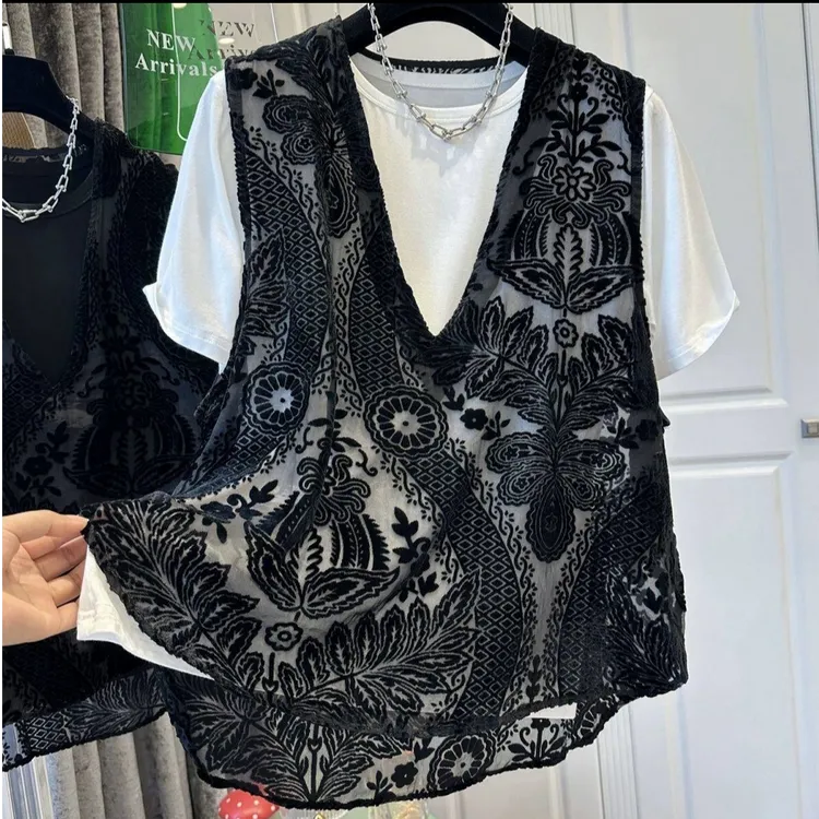 【法式提花蕾丝马甲】2025新款百搭植绒薄款无袖显瘦背心S1225309