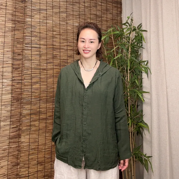 秋季新亚麻连帽衬衫长袖休闲百搭纯色时尚宽松