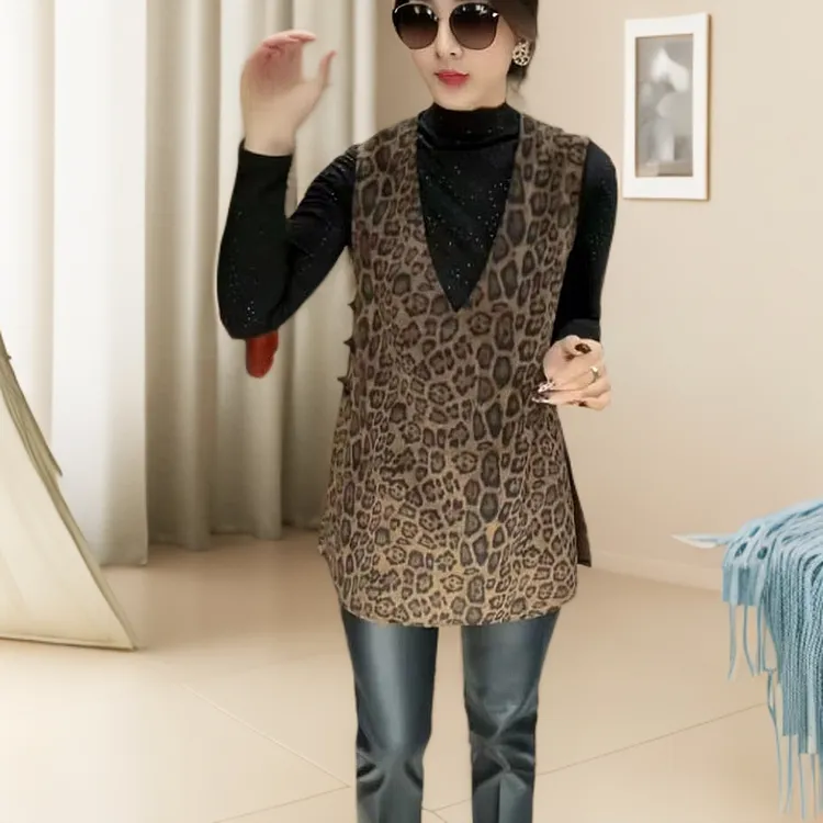 时尚豹纹复古马甲女2025春秋新款宽松显瘦百搭高级感砍袖国风上衣