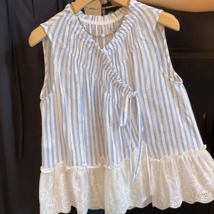 韩版V领拼接蕾丝条纹甜美无袖衬衫女2025夏季新款设计师重工上衣