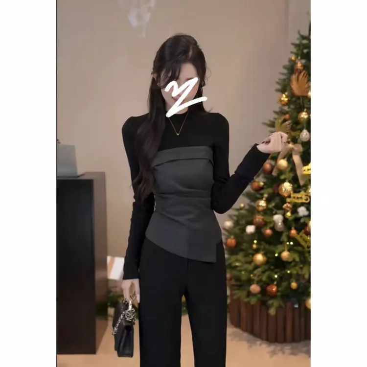 2026入冬漂亮衣服设计小众高级感撞色修身拼接长袖打底衫T恤9301