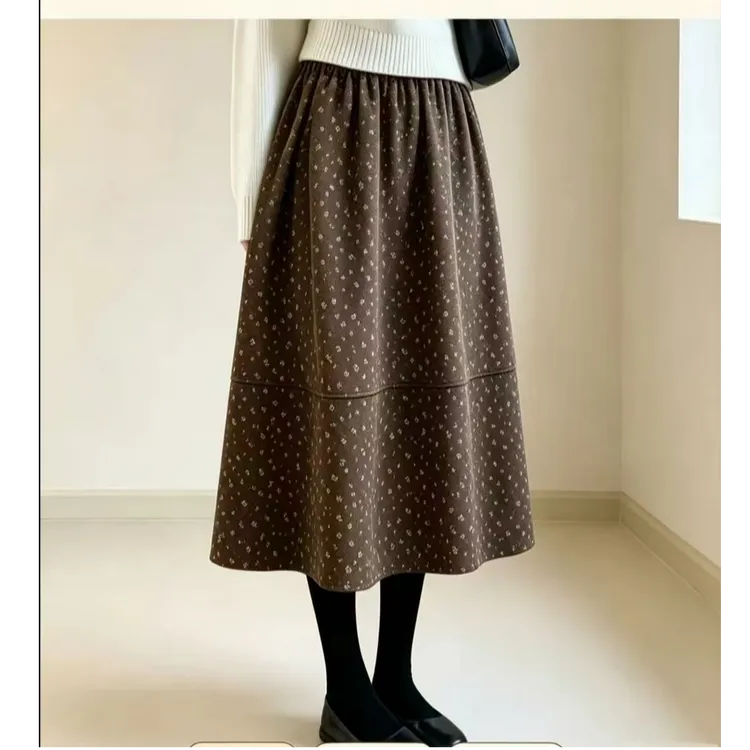 （有口袋+两个裙长）秋季复古磨毛呢碎花A字花苞裙女2026新款半身裙商品图
