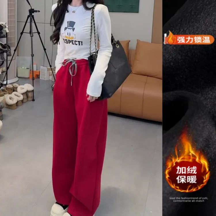 景倩妮韩版时尚松弛感弯刀休闲裤2025冬季新款加绒显瘦窄版阔腿裤