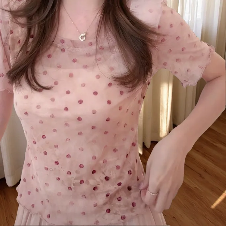 洋气微透不规则晕染波点小衫2025夏季新款修身显瘦凉感短袖上衣