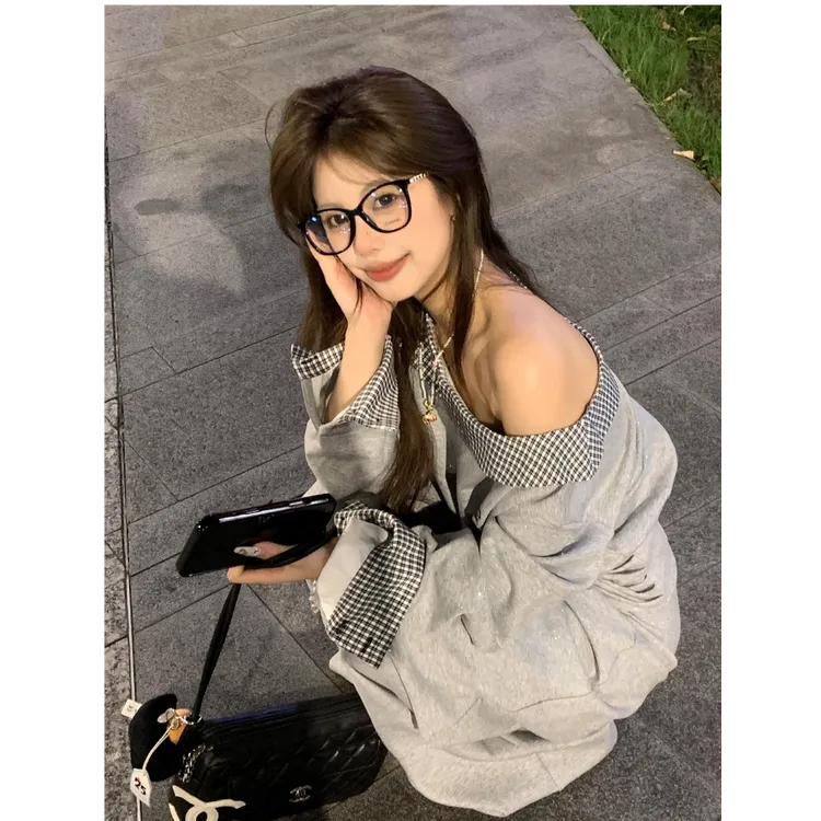 冷灰松弛 韩系气质休闲套装女秋季格纹拼接斜肩卫衣长裤两件套