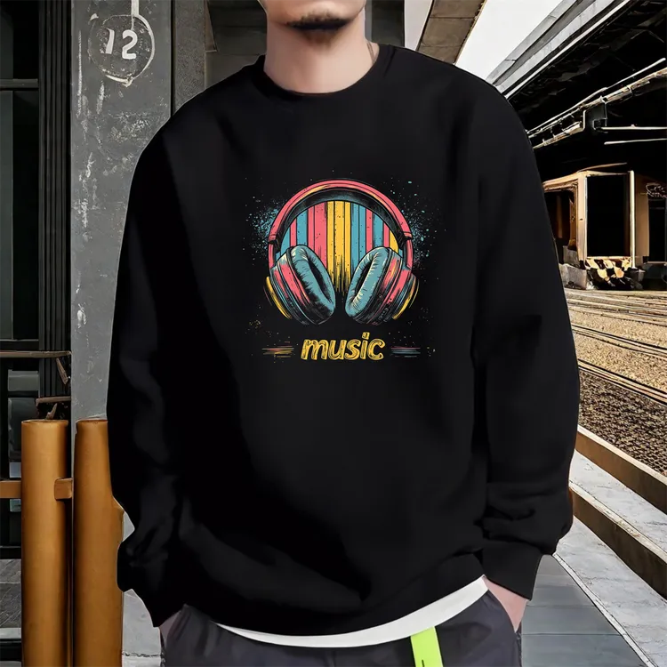 特大码300斤拽酷耳机彩色图案圆领国潮百搭宽松印花长袖卫衣男士