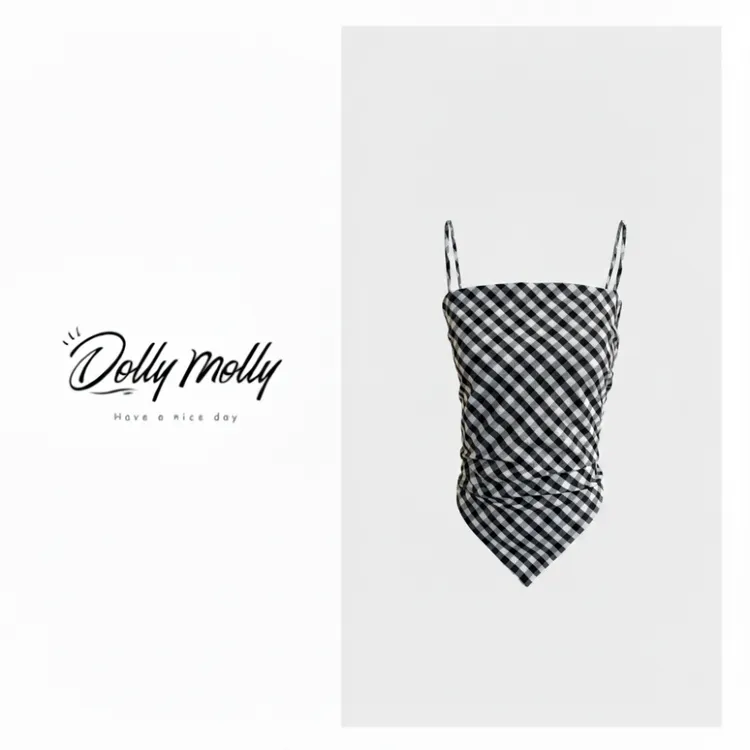DOLLY&MOLLY美式黑白格纹气质肚兜吊带背心夏季酷辣女士时尚 378