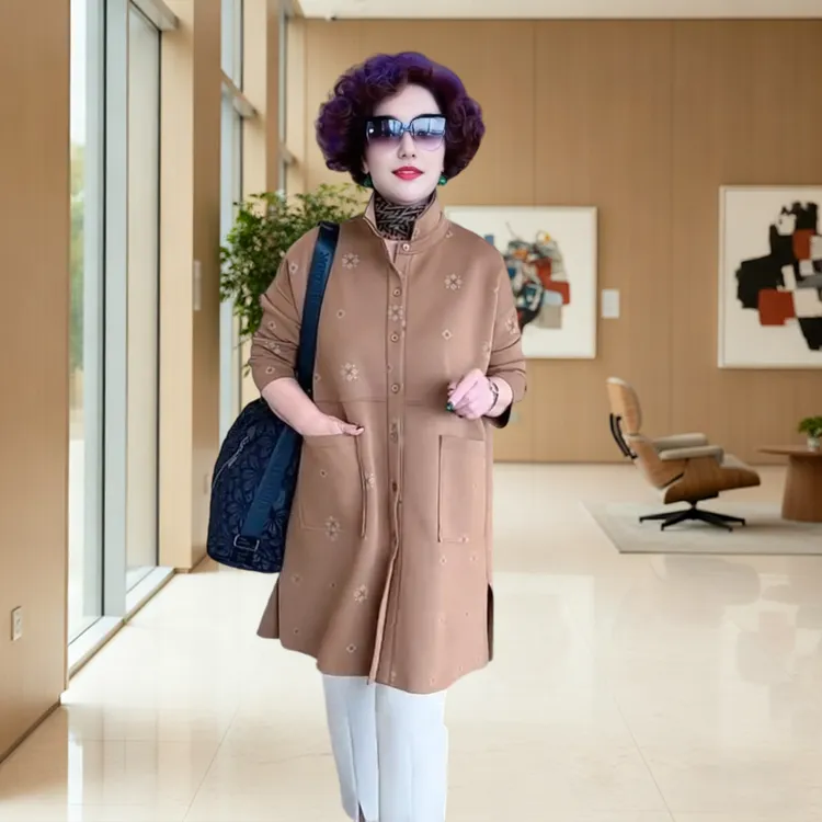 早秋时尚百搭翻领印花气质中式提花风衣2025秋冬新款大码女装外套