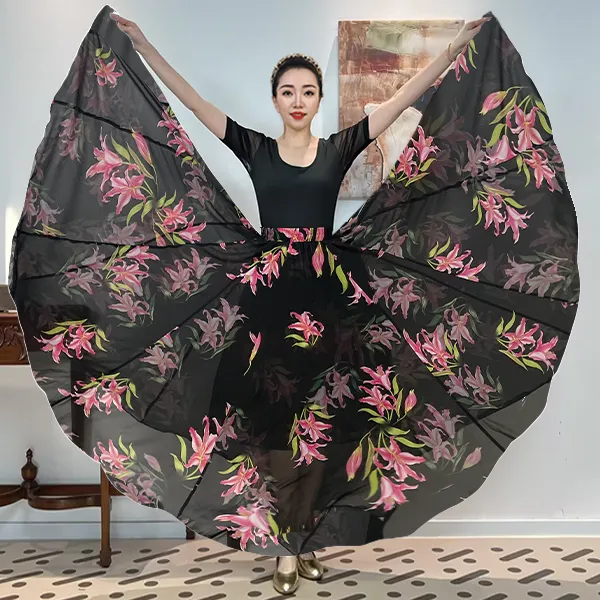 A《合百幽然》密织雪纺满铺花全松紧腰大摆半身裙带衬裙