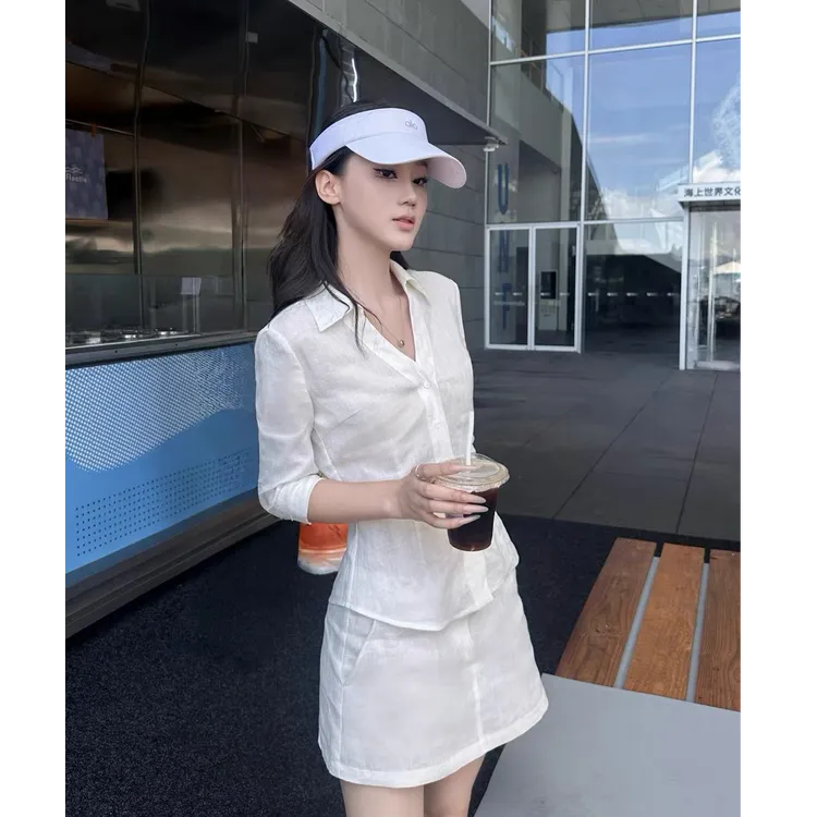 智性氧气感 棉麻微收腰中袖翻领衬衫➕a字半身短裙套装 X1118