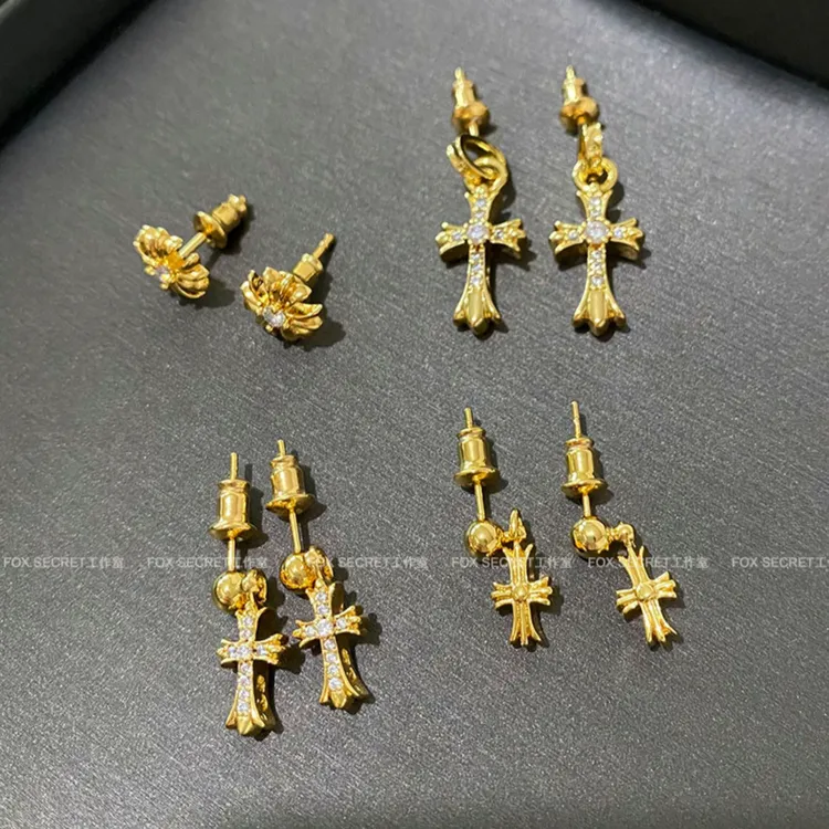 925银合成锆石耳饰 十字架经典耳坠 手工轻奢复古欧美简约金色