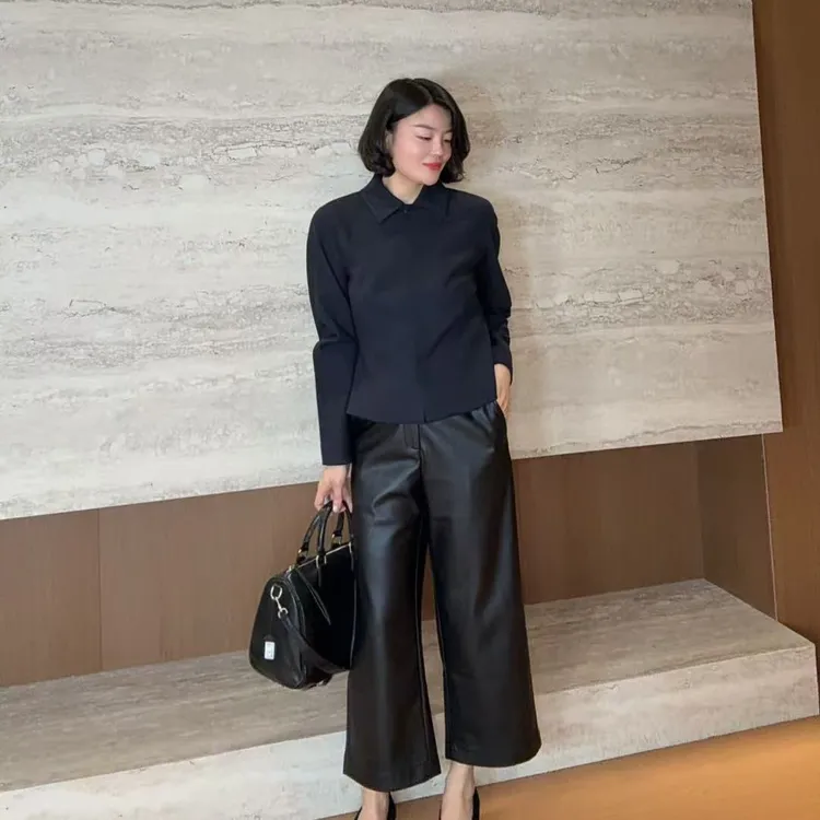 TANTAN 休闲显瘦宽松百搭秋冬九分裤皮裤3145