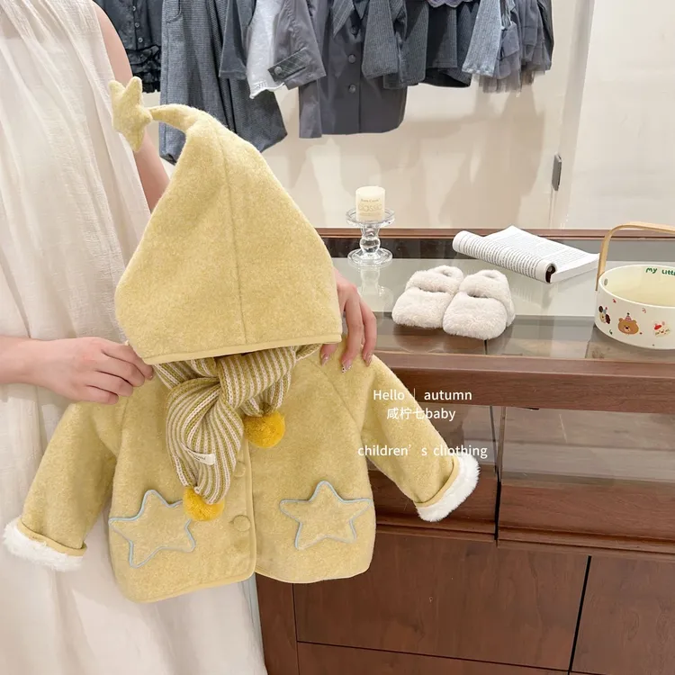 女童呢子外套冬装儿童可爱精灵帽保暖加绒棉服棉袄宝宝中长款大衣