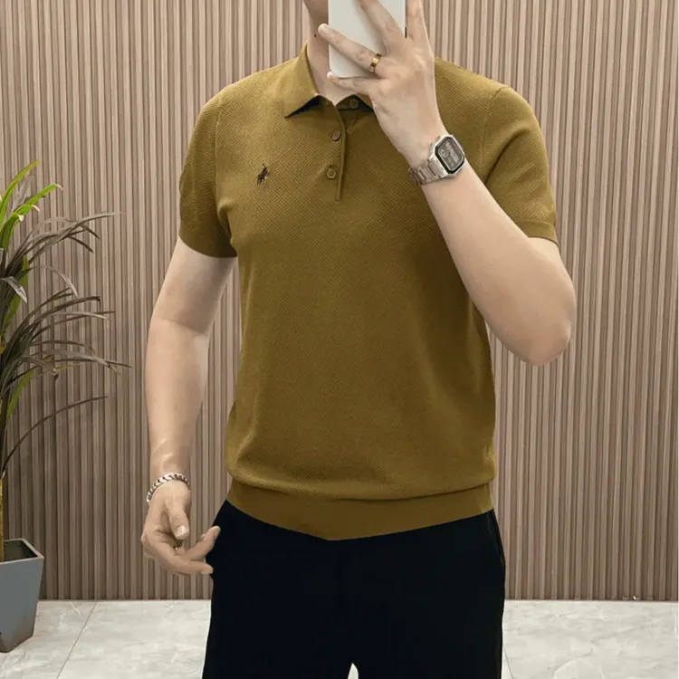 夏季新品潮流针织纯色Polo衫短袖上衣t恤轻奢修身翻领针织短袖
