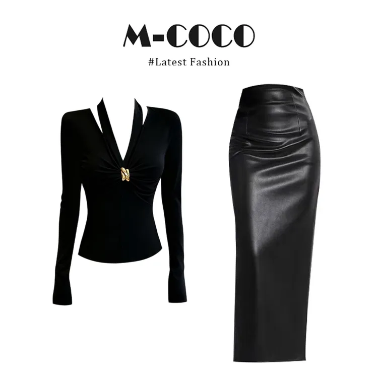 INSCEC御姐辣妹风黑色V领褶皱长袖T恤秋冬秋季包臀半身裙套装女