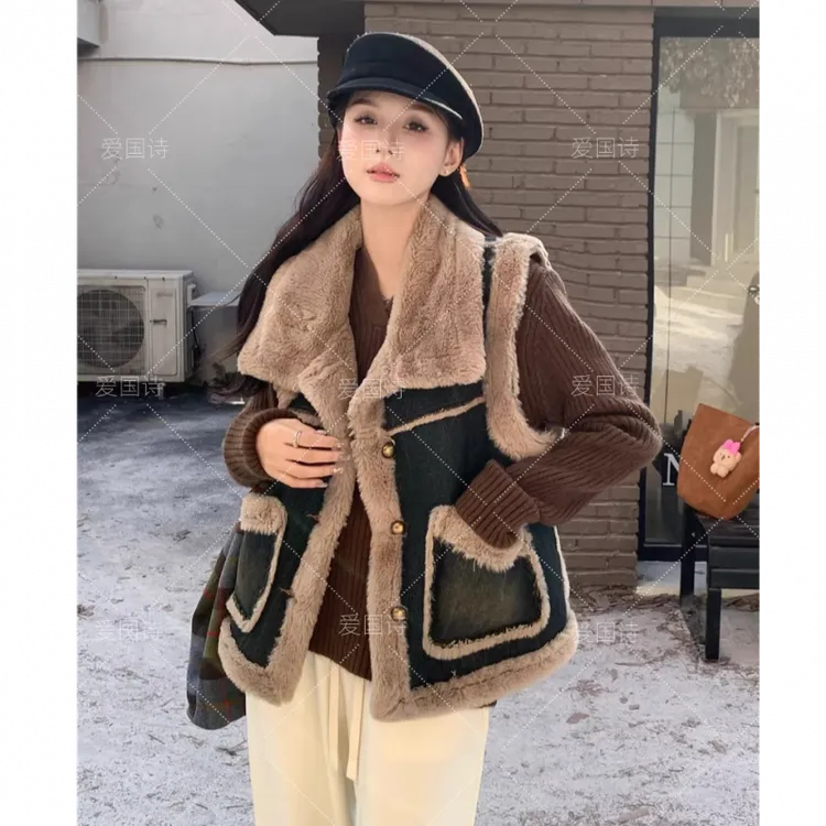 人造皮草 仿水貂毛牛仔马甲外套女2025秋冬新款加绒加厚马夹736#