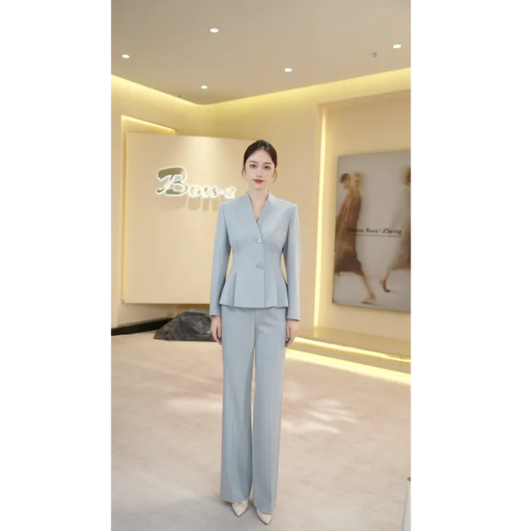 钟老板 灰蓝色西装套装女2025秋季新款高级感通勤V领收腰显瘦外套