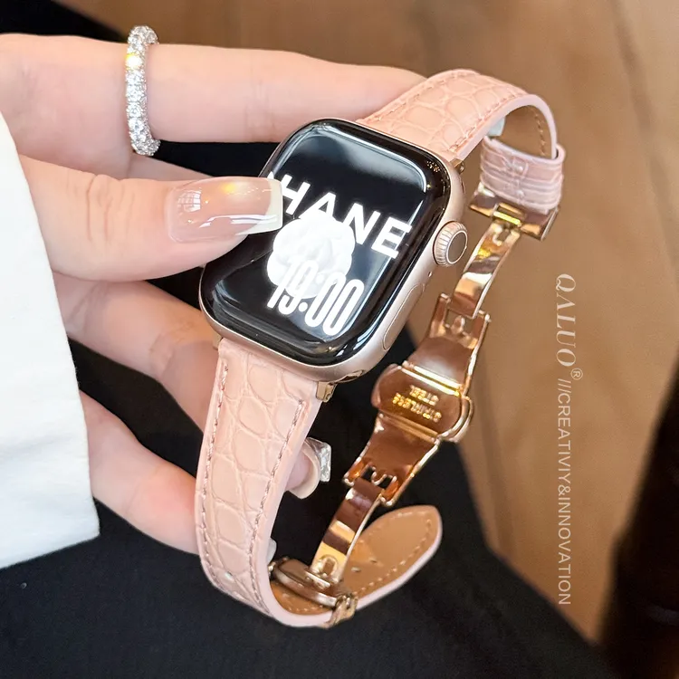 QALUO适用applewatchS11/S10小蛮腰鳄鱼皮iwatch98se代苹果表带女