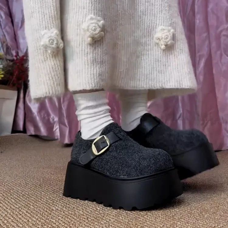 厚底增高7cm勃肯鞋女鞋2025冬季新款加绒毛毛鞋灰色毛呢外穿棉鞋