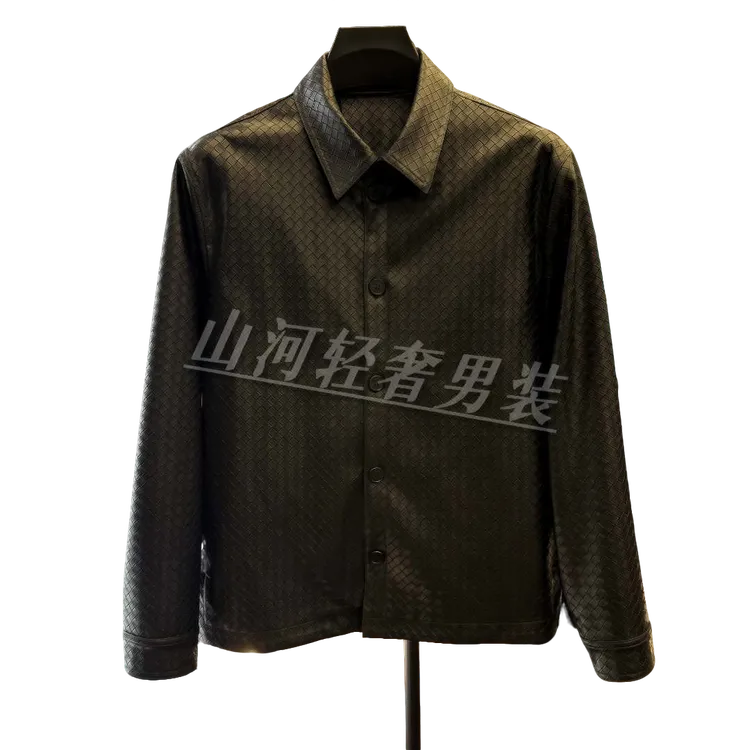 秋冬新版商务休闲男士翻领皮衣手工编织皮男短款黑色修身型百搭款