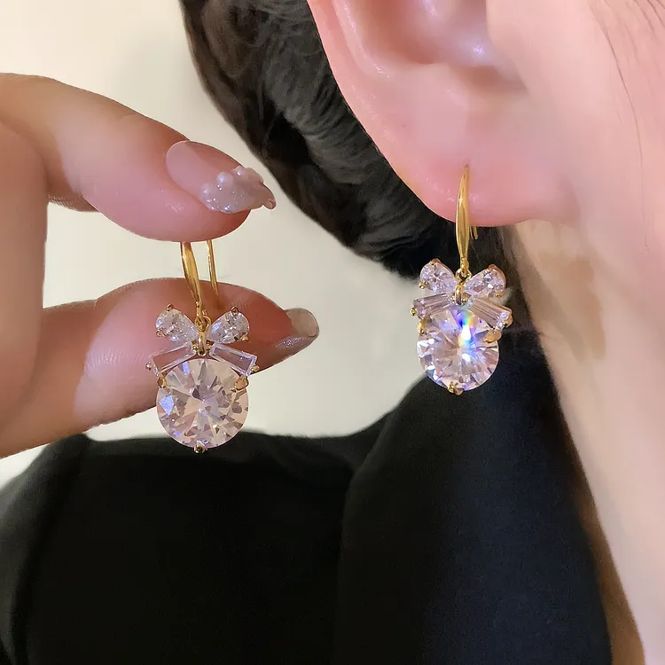 铜合金合成锆石耳饰 高级感时尚轻奢百搭温柔蝴蝶结吊坠耳环1307