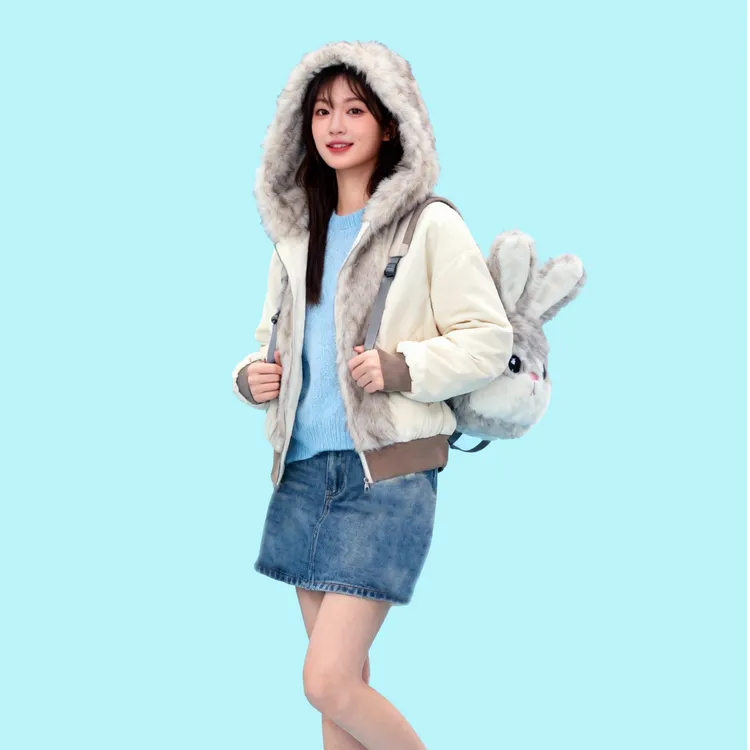 美式休闲趣味卡通立体毛绒兔耳朵设计可爱少女风大毛领棉服棉衣冬