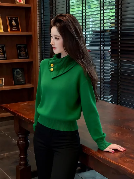 2025新款秋冬时尚法式轻熟风针织衫女别致慵懒绿色围巾领毛衣上衣