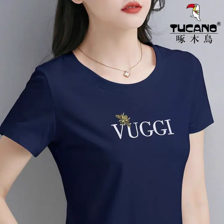 啄木鸟正品高端纯棉短袖t恤女装2025新款潮夏季爆款显瘦正肩上衣